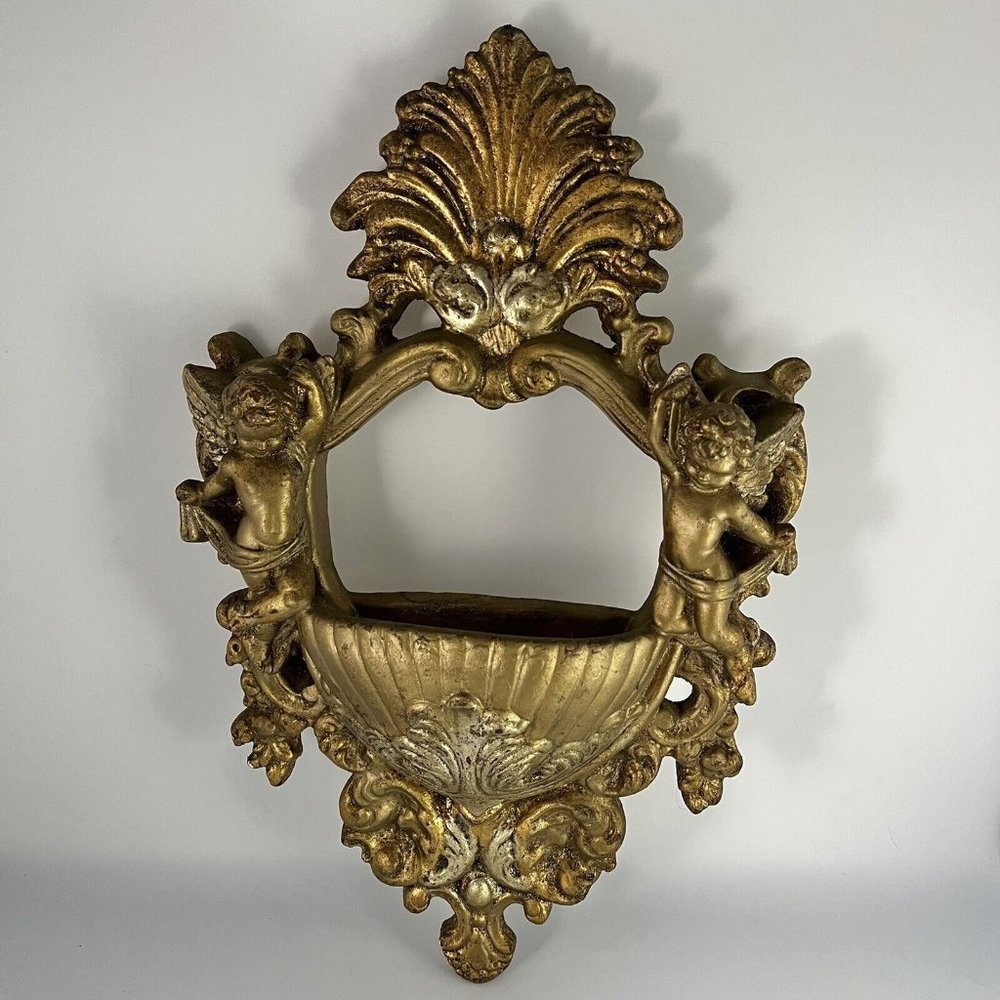 SOLD - Mid Century MCM Gold Cherub Plaster Ceramic Wall Pocket Italian Regency
